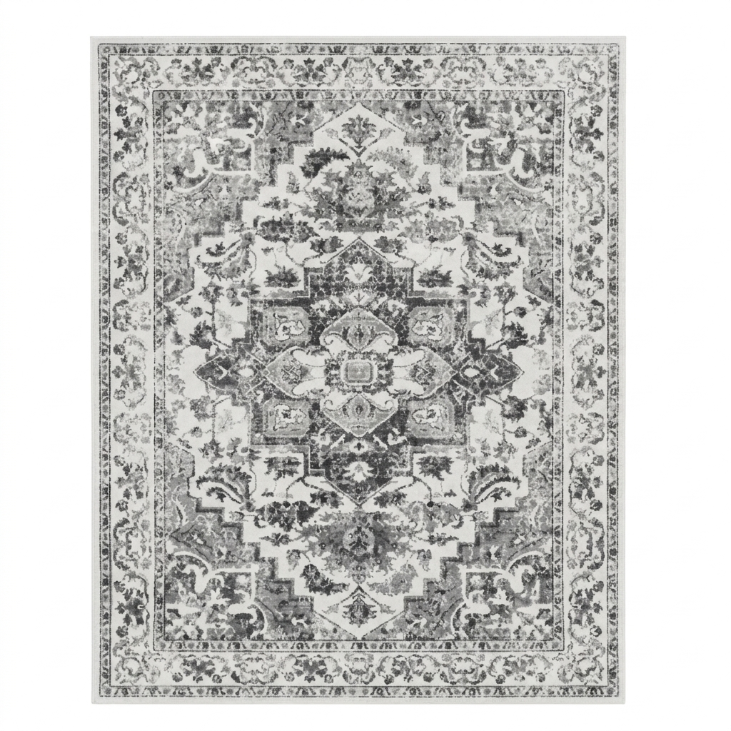 Charcoal Black & White Vintage Persian-Style Washable Area Rug