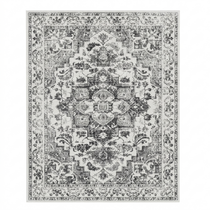 Charcoal Black & White Vintage Persian-Style Washable Area Rug