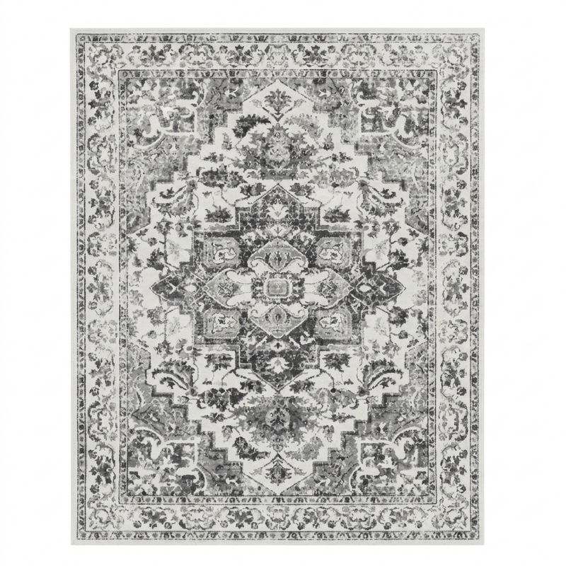Charcoal Black & White Vintage Persian-Style Washable Area Rug