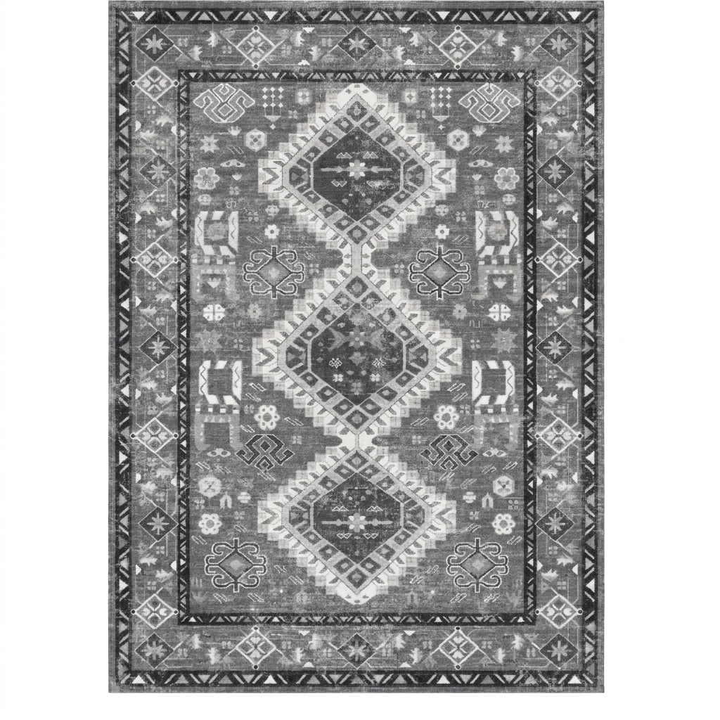 Charcoal Gray Vintage Tribal Washable Area Rug