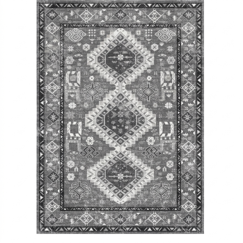 Charcoal Gray Vintage Tribal Washable Area Rug