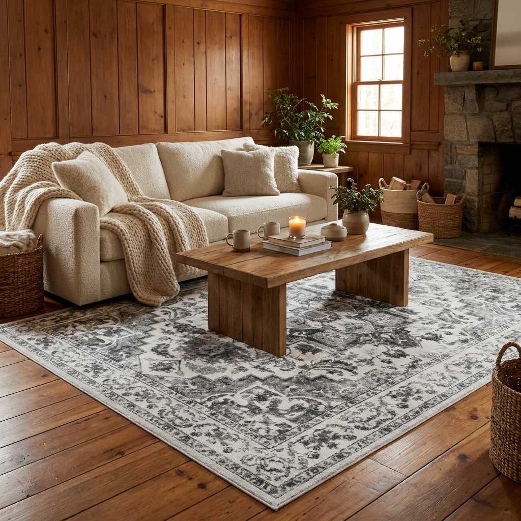 Charcoal Black & White Vintage Persian-Style Washable Area Rug