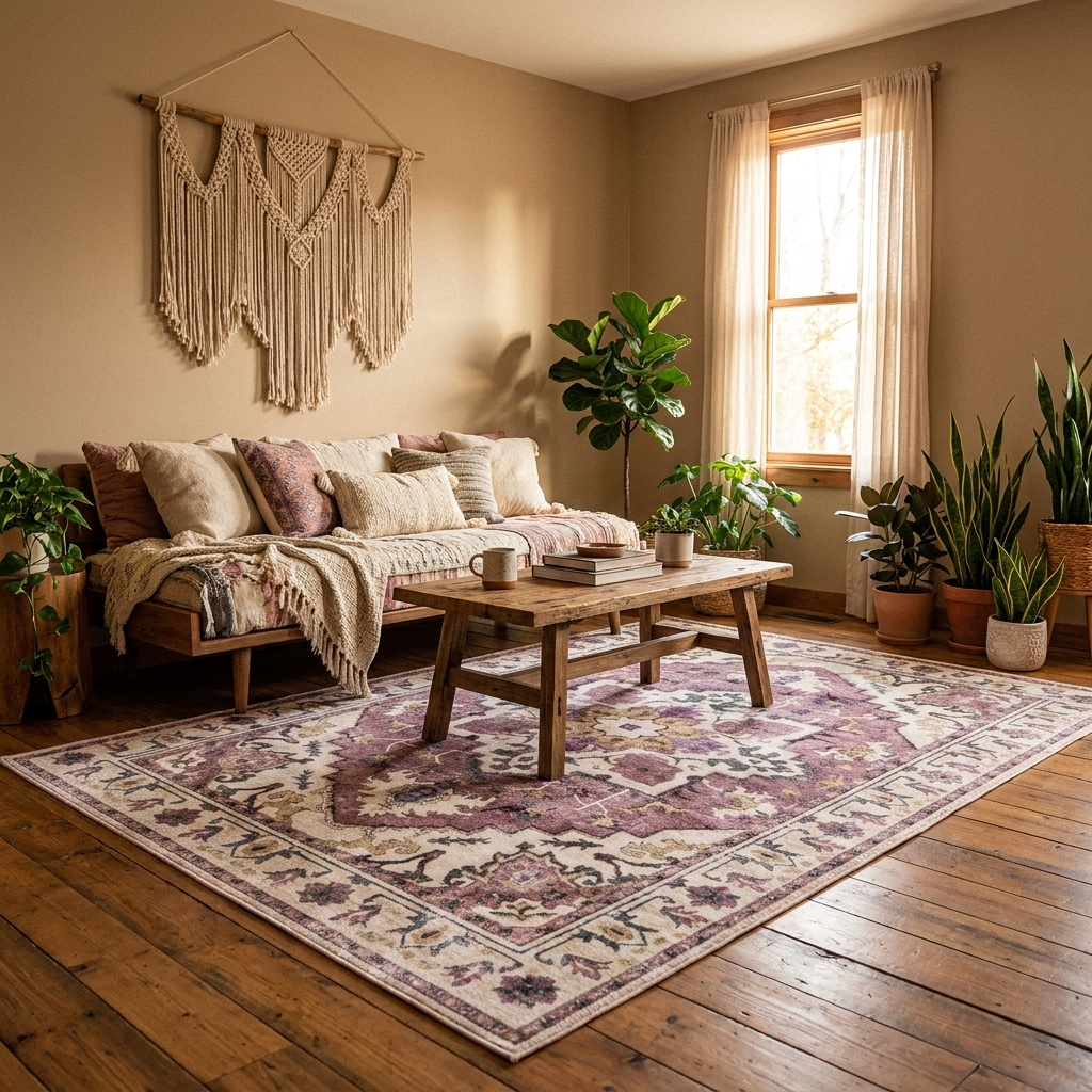 Mauve Vintage Persian-Style Washable Area Rug