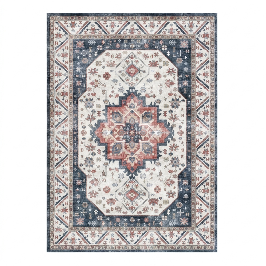 Navy Rust Vintage Tribal Washable Area Rug