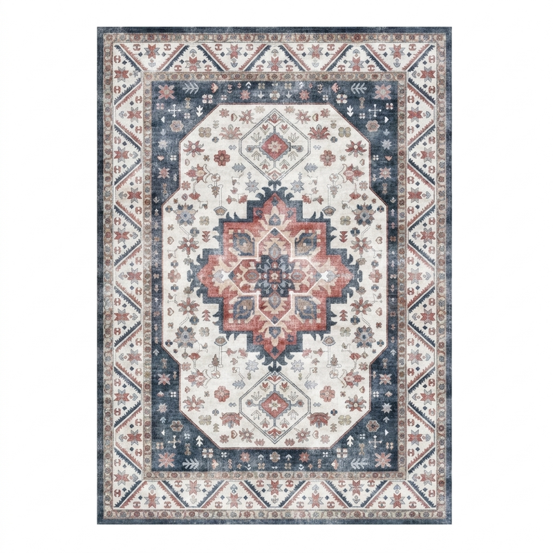 Navy Rust Vintage Tribal Washable Area Rug