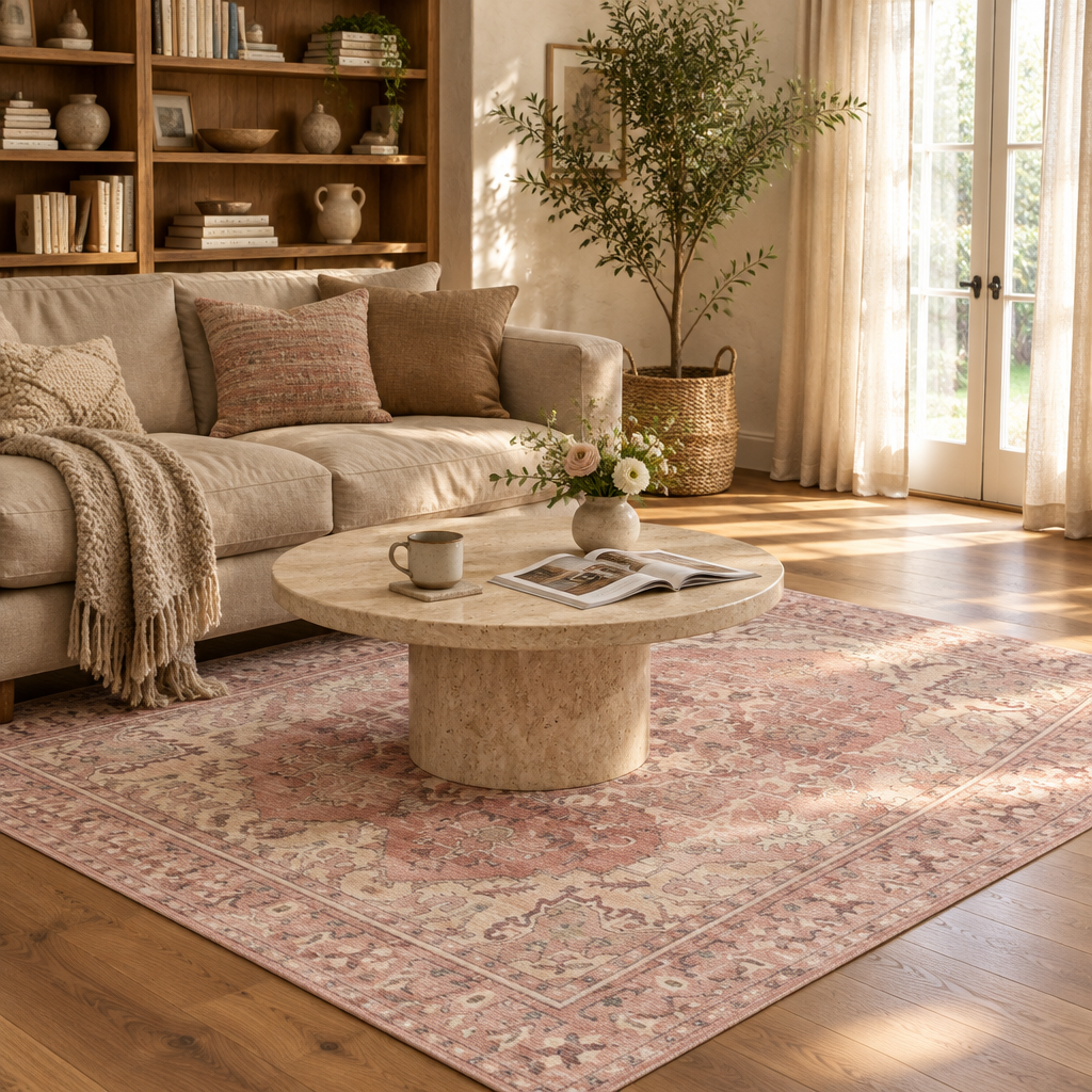 Blush Pink Vintage Persian-Style Washable Area Rug