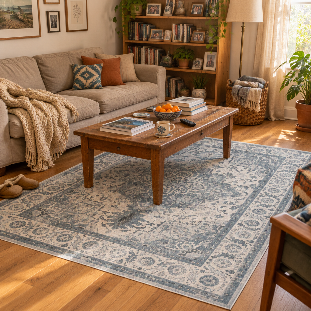 Slate Blue Vintage Persian-Style Washable Area Rug