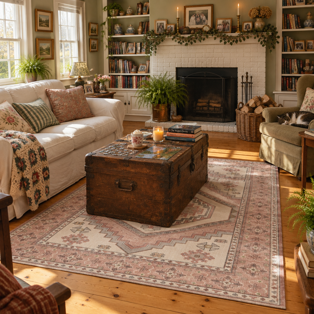 Dusty Rose Vintage Tribal Washable Area Rug