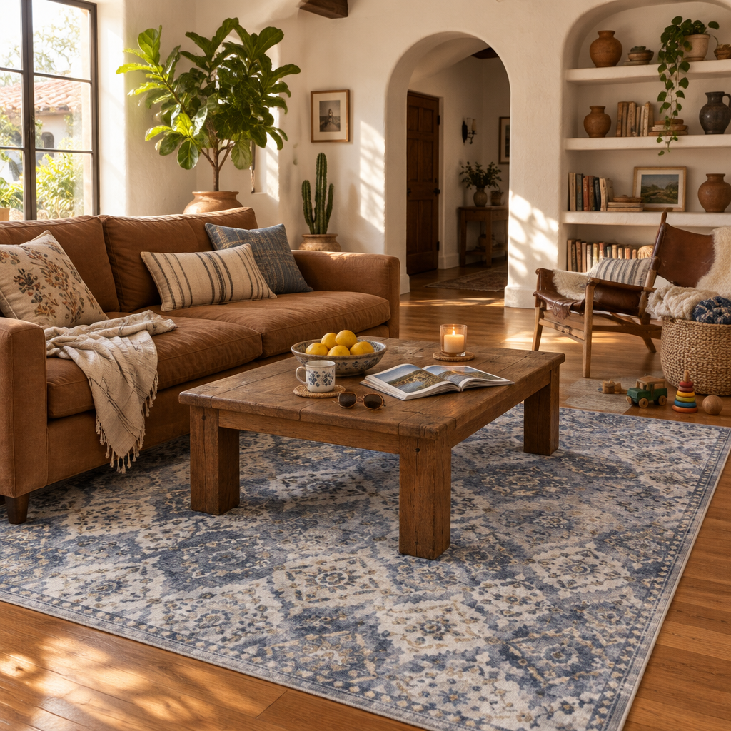 Blue Vintage Moroccan-Style Washable Area Rug