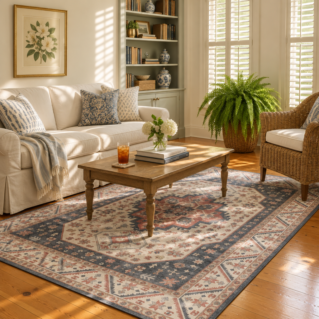 Navy Rust Vintage Tribal Washable Area Rug