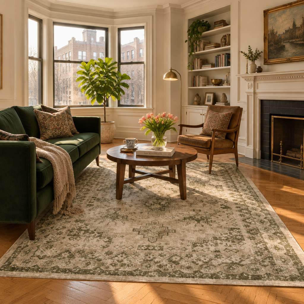 Olive Green Vintage Tribal Washable Area Rug