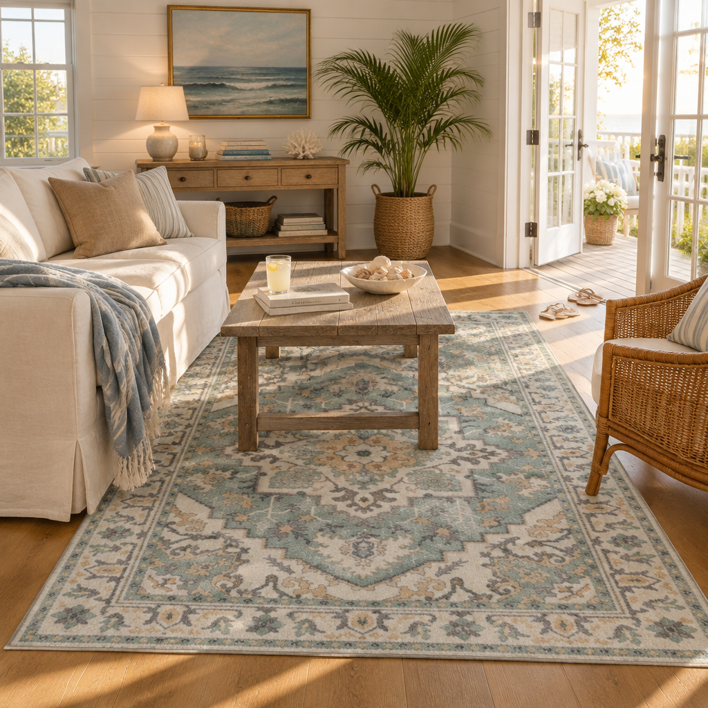 Teal Green Vintage Persian-Style Washable Area Rug