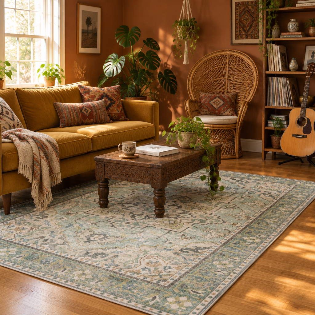 Sage Green Vintage Persian-Style Washable Area Rug