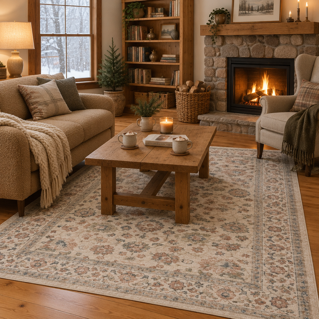 Ivory Floral Vintage Persian-Style Washable Area Rug