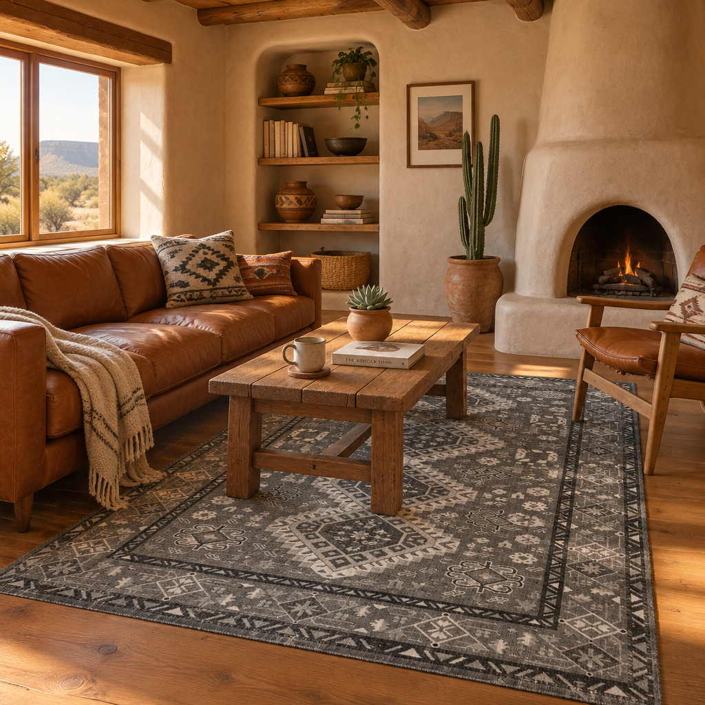 Charcoal Gray Vintage Tribal Washable Area Rug