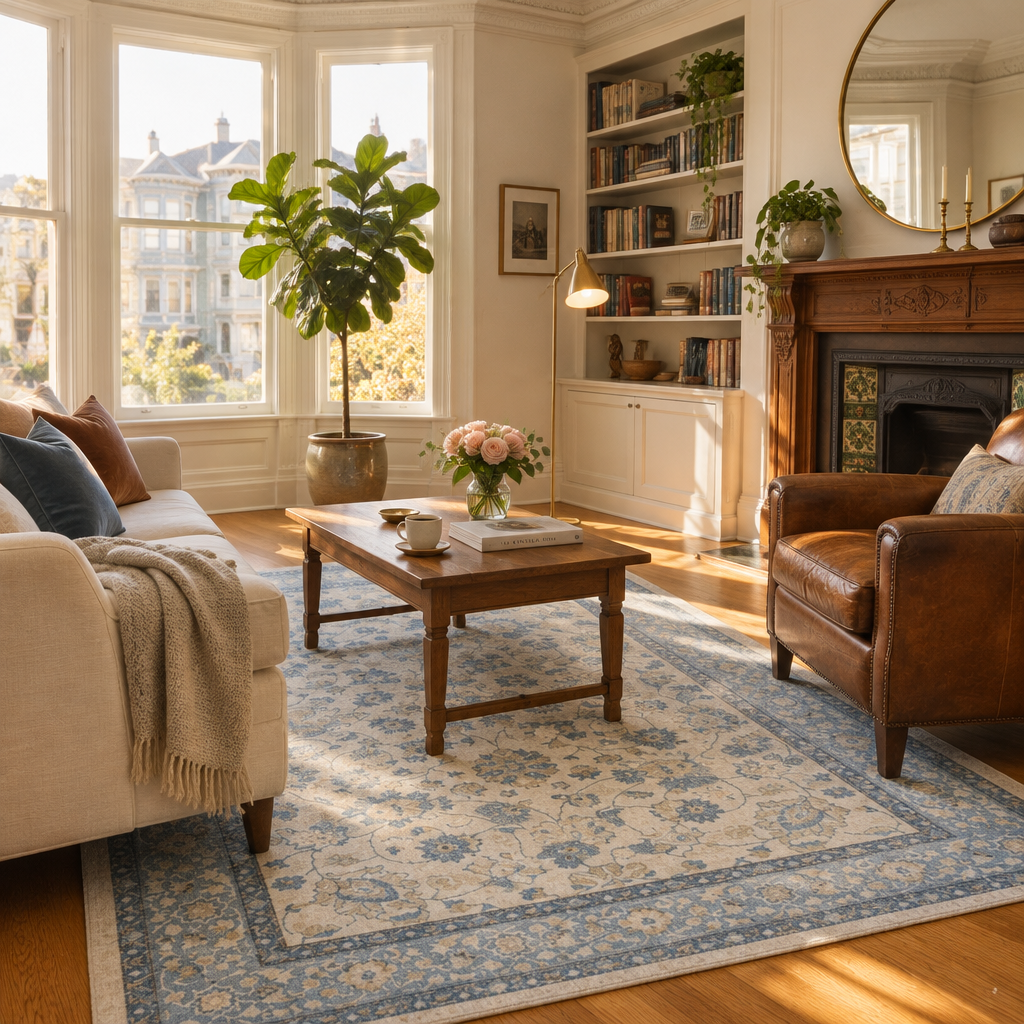 Blue Floral Vintage Persian-Style Washable Area Rug